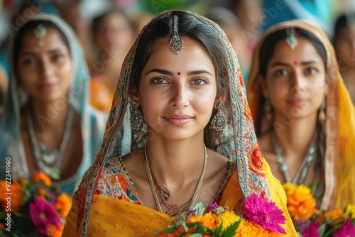 joyous teej festival celebration with women in vibrant traditional attire colorful decorations floral arrangements and ritual objects create a lively and cultural atmosphere photo