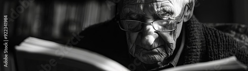 Minimalist elderly person reading, single book, white background, natural light