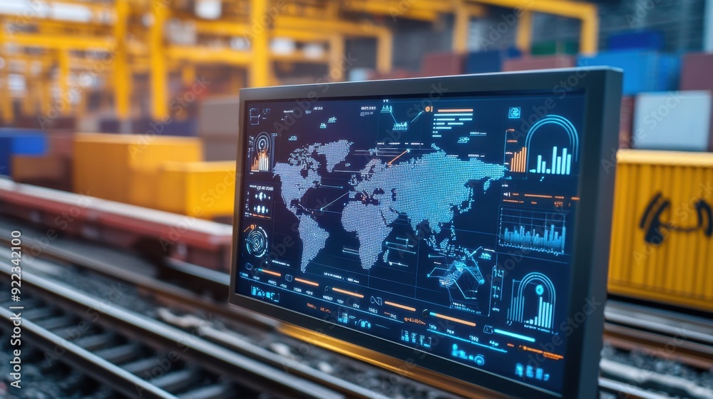 A close-up of a modern train transporting containers across a bridge over a vast river, with a digital display showing the train's real-time tracking and cargo details. A close-up of a modern train transporting containers across a bridge over a vast river, with a digital display showing the train's real-time tracking and cargo details.