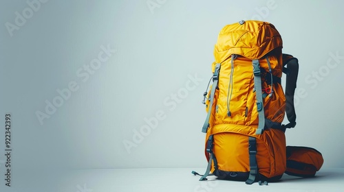 Minimalist hiking equipment, single backpack, white background, soft shadows