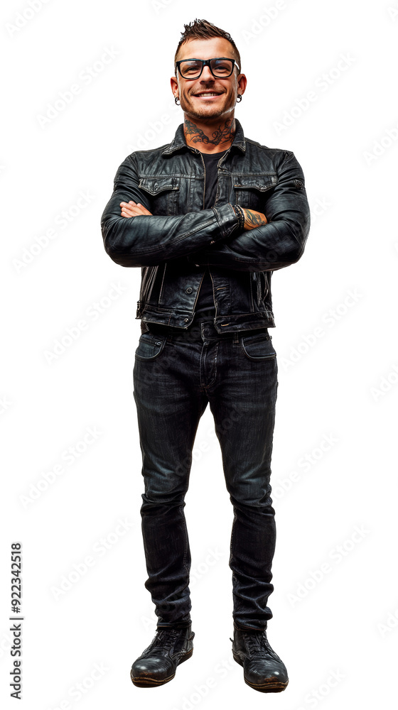 Isolated, transparent, no background, Confident Tattooed Man in Leather Jacket and Glasses with Cool Urban Style Isolated, transparent, no background, Confident Tattooed Man in Leather Jacket and Glasses with Cool Urban Style