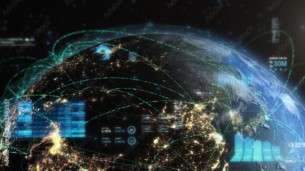 Visual Representation Of Earth Economy, Highlighting Financial Connections Across Asia With Charts, Graphs, And Social Media. The Image Symbolizes Global Economic Networks And Data Exchange.
