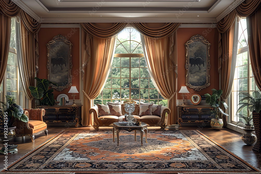 Fototapeta premium A room with rich brown tones, featuring ornate furniture, large arched windows with luxurious drapes, a detailed area rug, and classic decor elements, including framed artwork and traditional lamps.