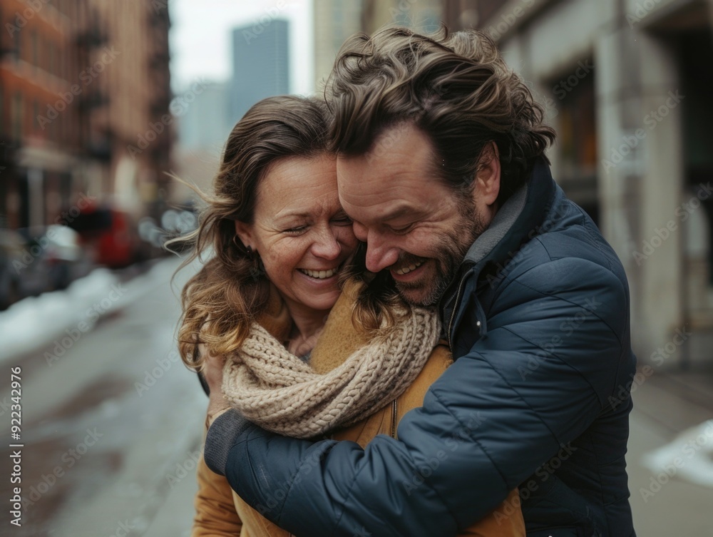 Fototapeta premium A couple embracing each other outdoors. They are wearing winter coats, suggesting the photo was taken during colder weather.