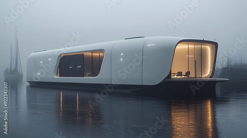 Modern, futuristic houseboat on a foggy waterway at twilight, featuring sleek design and warm interior lighting. photo