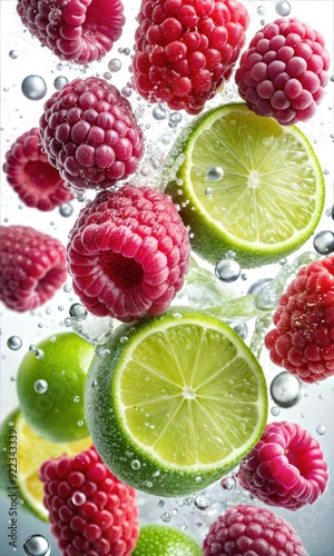 Creative Raspberries and Lime Fruits in Mid Air with Swirling Juice, Dynamic Splashing Action and Vibrant Liquid Motion for Fresh, Energetic Visuals for Poster and Digital Design