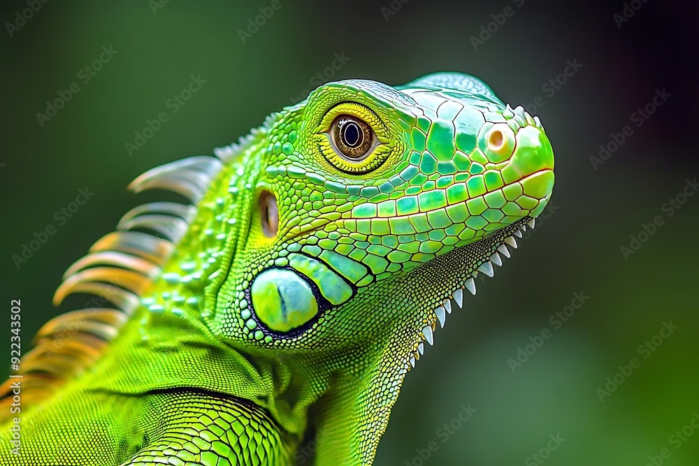 Green Iguana Portrait - Close Up of a Green Iguana with Bright Green Scales and a Yellow Eye Green Iguana Portrait - Close Up of a Green Iguana with Bright Green Scales and a Yellow Eye
