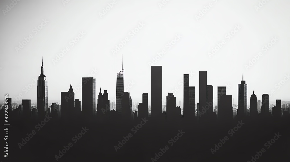 Dense urban skyline silhouettes, varying heights, black and white, flat lay, crisp edges Dense urban skyline silhouettes, varying heights, black and white, flat lay, crisp edges