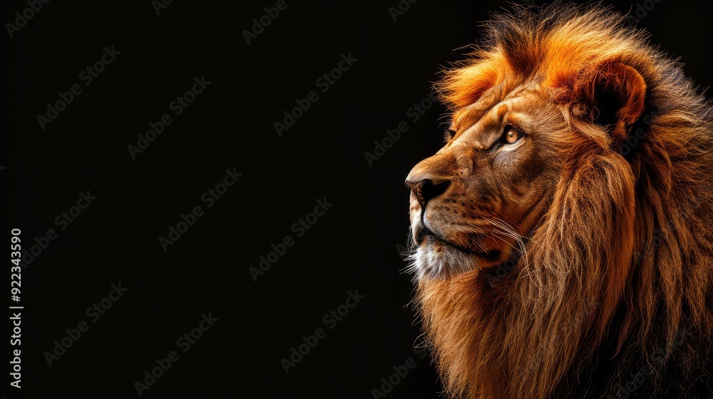Fototapeta premium Majestic lion posing against a dark background with a focused gaze