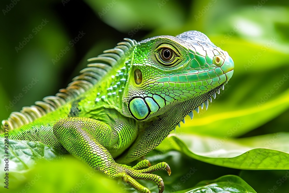 Green Iguana Close-Up on Green Leaves - Realistic Image Green Iguana Close-Up on Green Leaves - Realistic Image