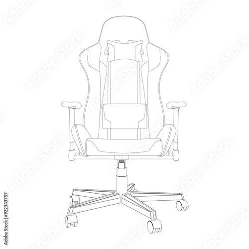 Gaming chair contour vector illustration. Drawing of computer chair, comfortable equipment for gaming isolated on white background. Furniture, gaming, comfort concept