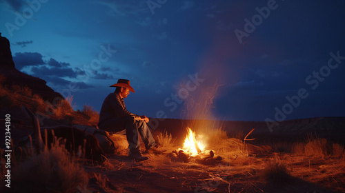 Homem pensativo sentado ao redor de uma fogueira no deserto ao entardecer, iluminado por chamas sob um céu azul profundo. photo