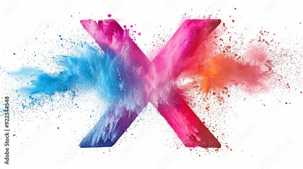 Colorful explosion of powder creating a large letter X on a white background