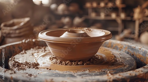 Minimalist pottery wheel with clay, simple background, natural light highlighting texture