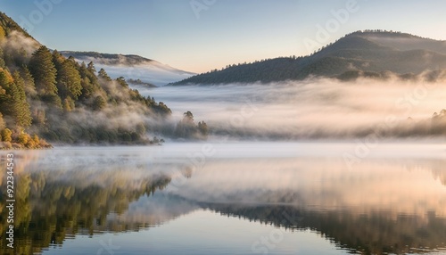 A high-resolution photograph of a serene morning lake with mist gently rising from the water, reflecting rolling hills and gentle slopes.