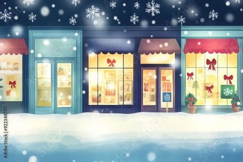 A charming snowy night scene with decorated storefronts.  Warm lights glow from inside, inviting shoppers to enjoy the festive atmosphere.