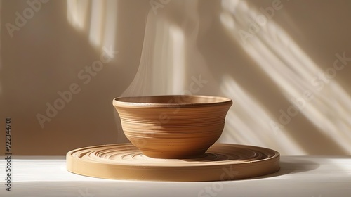 Minimalist pottery wheel with clay, simple background, natural light highlighting texture