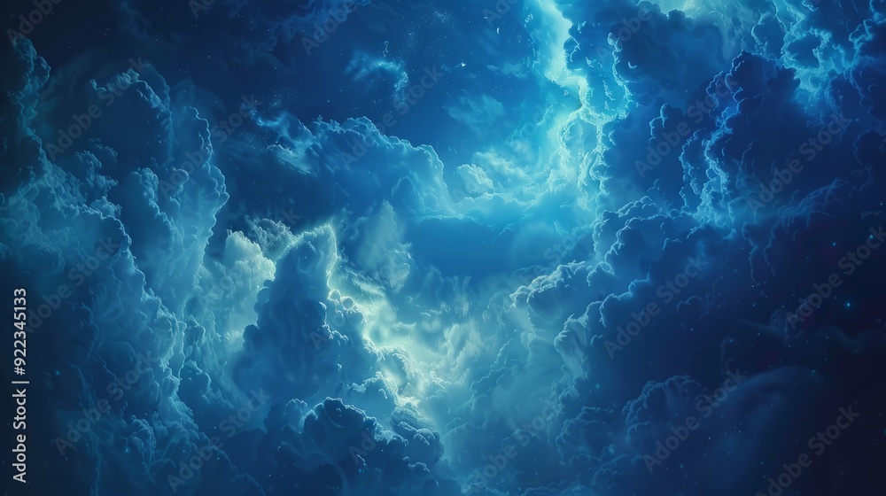Stormy night sky illuminated by electric blue lightning and swirling clouds Stormy night sky illuminated by electric blue lightning and swirling clouds