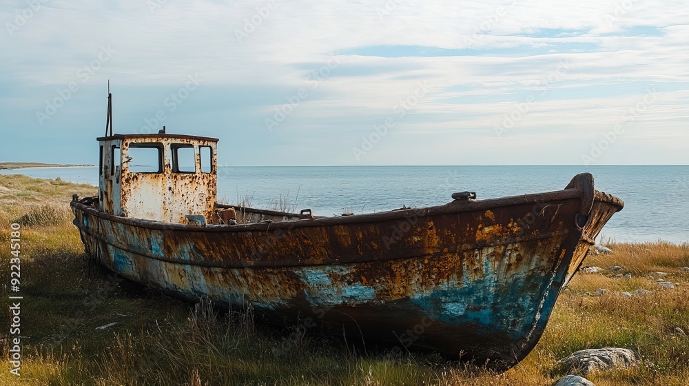 A dilapidated iron fishing boat, heavily rusted and abandoned on the coast A dilapidated iron fishing boat, heavily rusted and abandoned on the coast