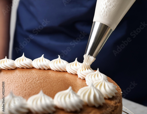 The process of applying whipped cream to the cake with a pastry bag photo