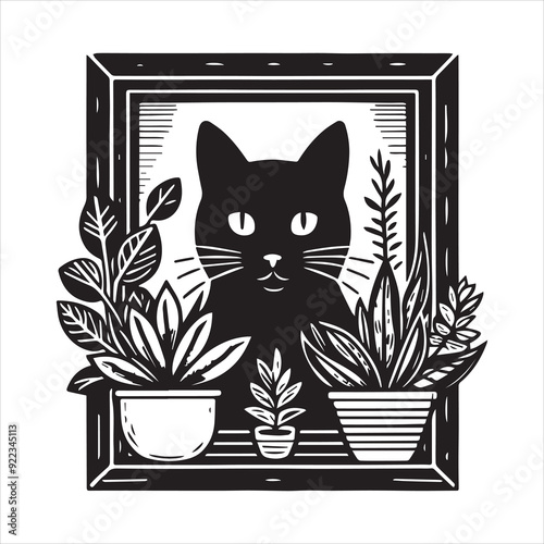 A cat and a plant in an illustrated frame  silhouette vector white background
