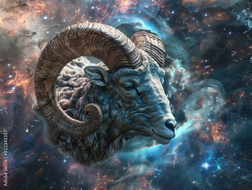 Fototapeta premium A cosmic ram's head, set against a nebula backdrop. This image combines the ruggedness of a mountain goat with the serene vastness of outer space.