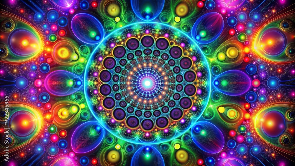 Vibrant multi-colored Apollonian circles radiate from a central point, illuminated by a black light accent, on a mesmerizing, psychedelic abstract background. Vibrant multi-colored Apollonian circles radiate from a central point, illuminated by a black light accent, on a mesmerizing, psychedelic abstract background.