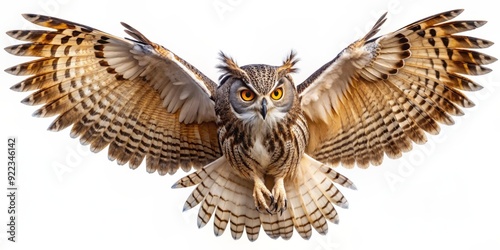 Majestic solitary owl in full flight, wings outstretched, feathers rustling, sharp talons extended, piercing gaze, against a pristine pure white isolated background, exuding wisdom.