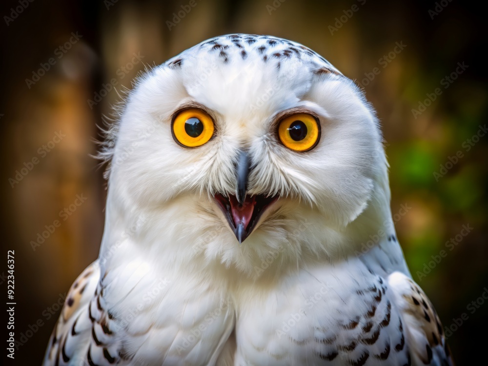 A majestic white owl with vibrant yellow eyes and soft feathery plumage sits upright, its beak agape in a comically surprised expression. A majestic white owl with vibrant yellow eyes and soft feathery plumage sits upright, its beak agape in a comically surprised expression.