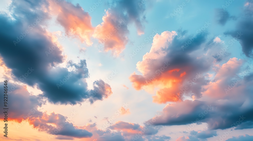 Expansive sky scene with fluffy clouds, warm evening hues, panoramic view, soft twilight light Expansive sky scene with fluffy clouds, warm evening hues, panoramic view, soft twilight light