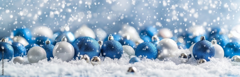 Panoramic view of blue and white Christmas decorations ornaments on white background Panoramic view of blue and white Christmas decorations ornaments on white background