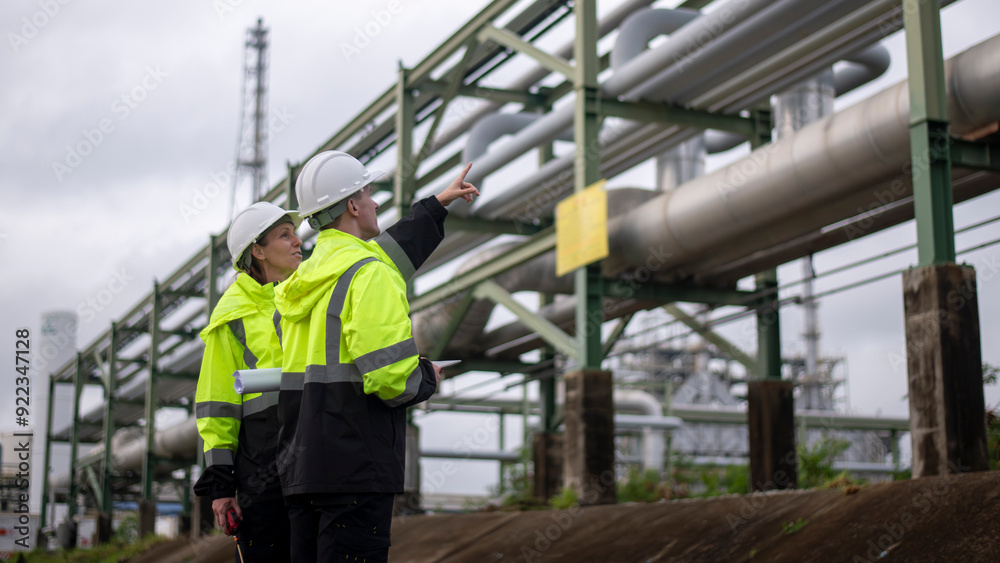 Engineers wearing safety gear, including hard hats examining survey a large blueprint tablet standing industrial facility gas or oil refinery engaged in a job requires high safety standards concept. Engineers wearing safety gear, including hard hats examining survey a large blueprint tablet standing industrial facility gas or oil refinery engaged in a job requires high safety standards concept.