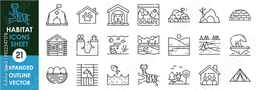 A set of line icons related to Habitat. Shelter, home, living, tree, forest, water, air, nest, stable, tent, cave, igloo and so on. Vector outline icons sets.