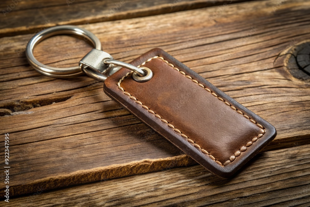 Brown leather key chain with ornate stitching and rustic charm, adorned with a rectangular metal tag suspended from a silver-toned metal ring. Brown leather key chain with ornate stitching and rustic charm, adorned with a rectangular metal tag suspended from a silver-toned metal ring.