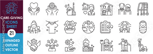 A set of line icons related to Care-giving. Care, protection, elderly, nursing, home, baby, responsibility, job, maid, clean, pet, assist, and so on. Vector outline icons set.