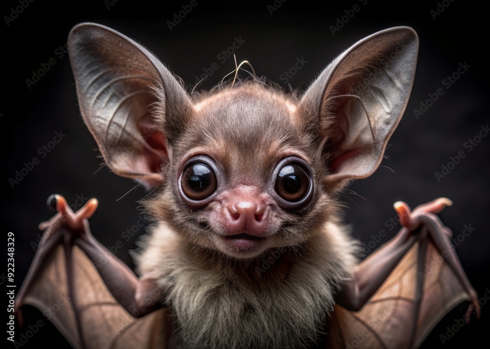 Adorable baby bat with tiny wings and big round eyes scrunches up its face in an furious expression, showcasing its tiny fangs in a dark background. Adorable baby bat with tiny wings and big round eyes scrunches up its face in an furious expression, showcasing its tiny fangs in a dark background.