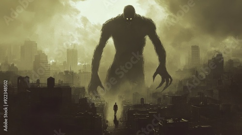 A powerful figure with a shadow in the shape of a monster looming over a city