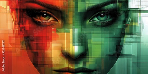 Abstract Portrait of a Woman's Face with Red and Green Geometric Patterns