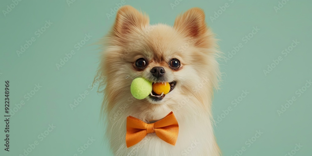 A fluffy white dog with a bow tie holds a green and yellow ball in its mouth against a blue-green background. A fluffy white dog with a bow tie holds a green and yellow ball in its mouth against a blue-green background.