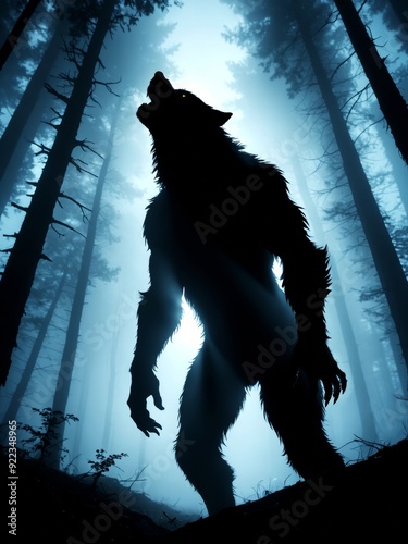 Silhouette of a werewolf howling in the woods at night, scary halloween scene