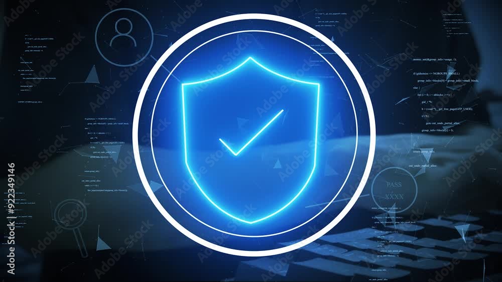 digital technology concept cyber security data protection internet network connection. Man accessing a computer device with a protective shield