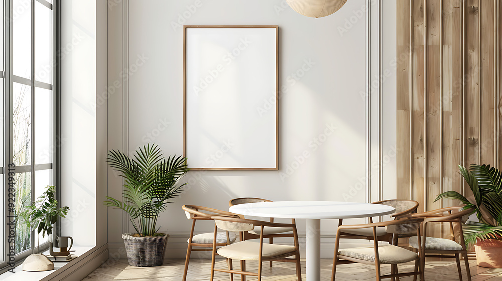 Fototapeta premium A modern dining room with a large window, a round table and chairs, and a framed print on the wall.