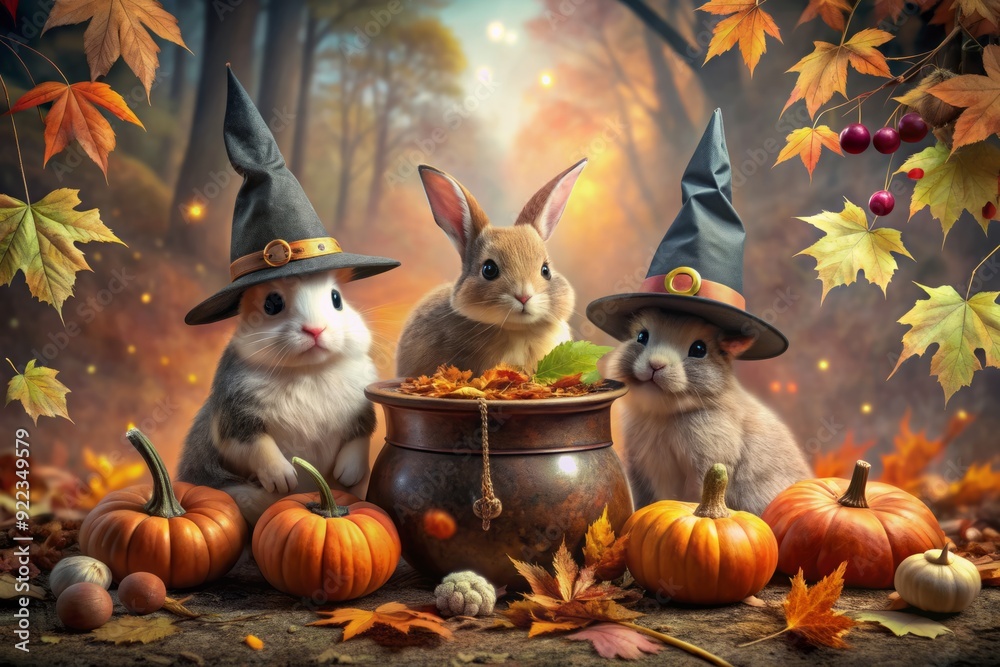 Adorable rabbits don witches hats and pose playfully amidst autumn ...