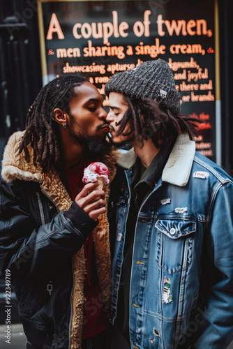 LGBTQ+ couple sharing a kiss while enjoying ice cream on a city street photo