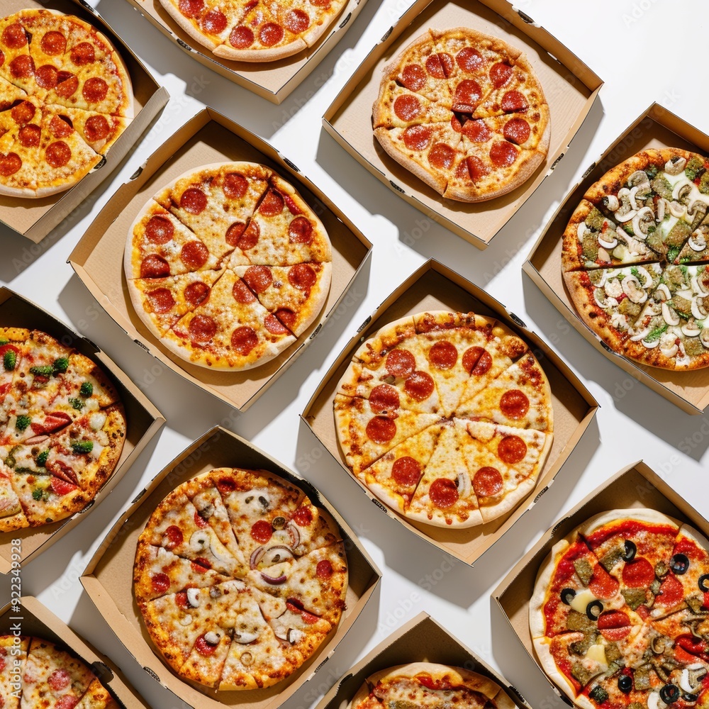 Variety of pizza boxes displayed against a clean white background, showcasing different designs Variety of pizza boxes displayed against a clean white background, showcasing different designs
