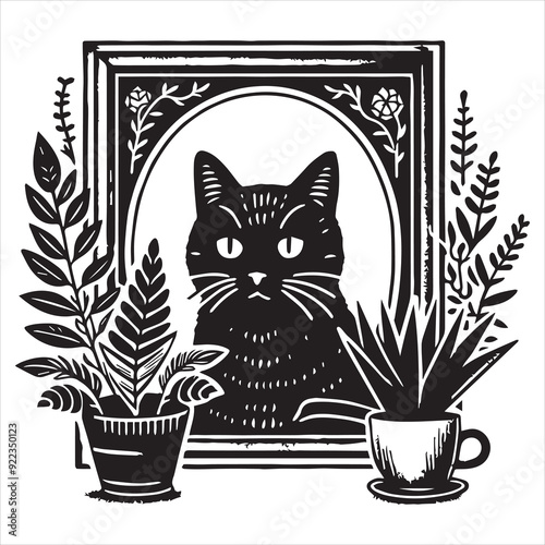 Print A cat and a plant in an illustrated frame  silhouette vector with white background