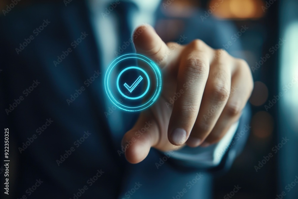 Hand pressing green button, approval process, technology concept
