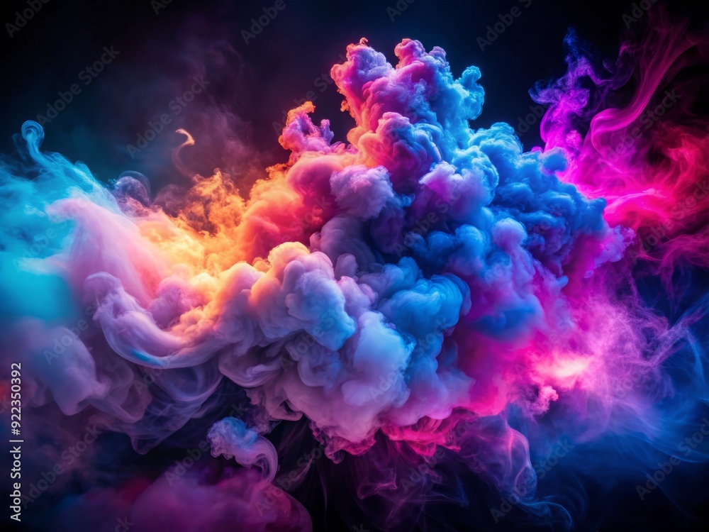 Vibrant swirling clouds of colorful smoke envelop a glowing neon-lit atmosphere, illuminated by radiant hues of pink, blue, and purple, against a dark mysterious background. Vibrant swirling clouds of colorful smoke envelop a glowing neon-lit atmosphere, illuminated by radiant hues of pink, blue, and purple, against a dark mysterious background.