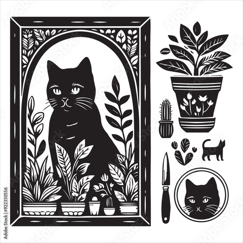 Print A cat and a plant in an illustrated frame  silhouette vector with white background