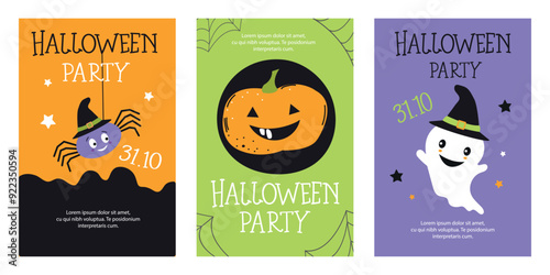 Collection of Halloween banner templates. Cute characters. Flat style vector illustration.  Invitations or greeting cards.